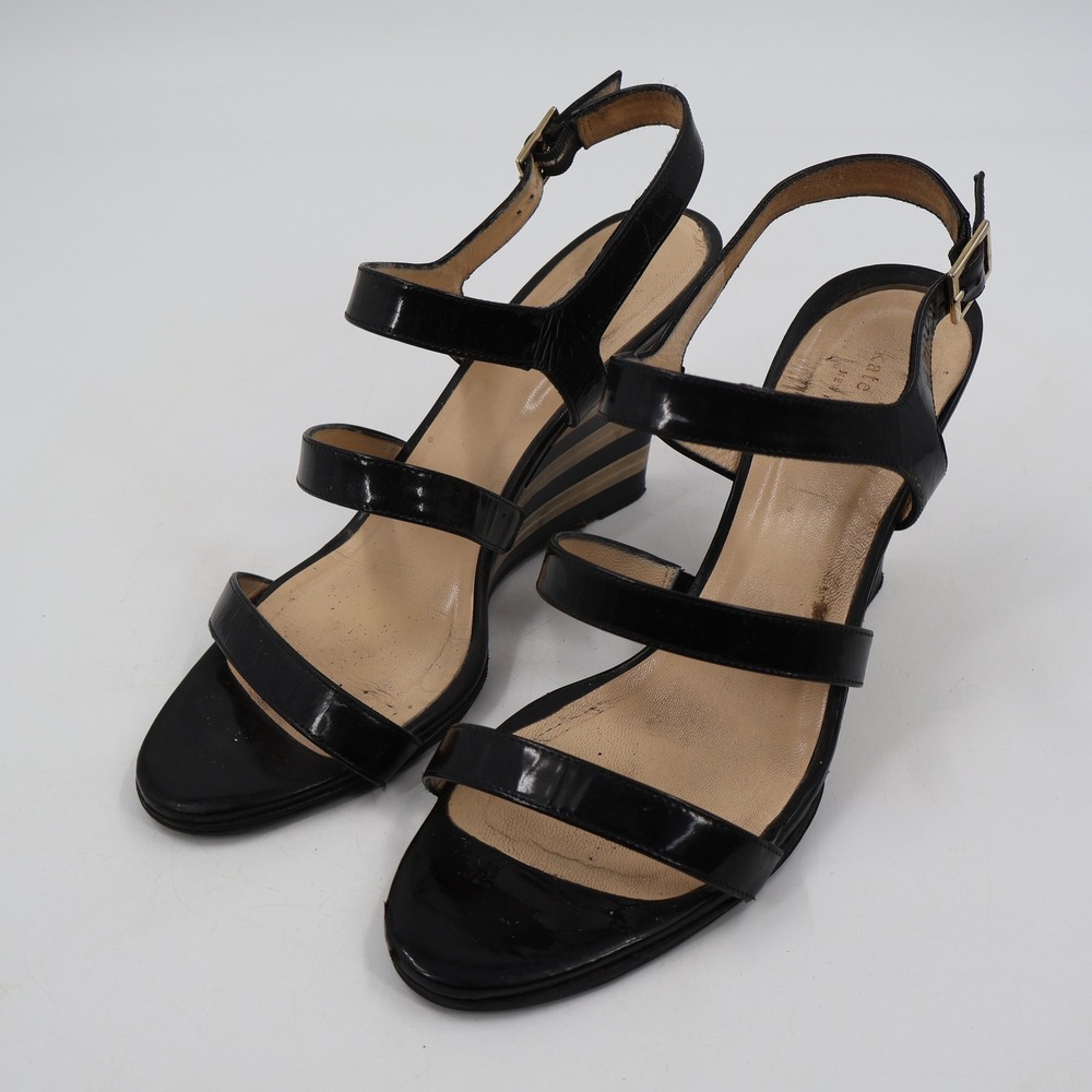 Kate Spade Wedge Sandals Womens 8 Black Patent Leather Striped Italian Made